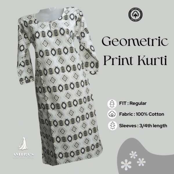 White kurti with black geometric tribal print – front view with keyhole neckline