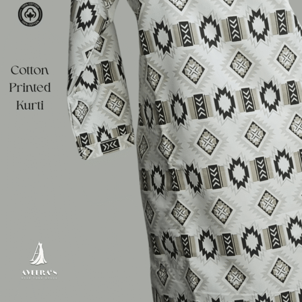 White kurti with black geometric tribal print – front view with keyhole neckline